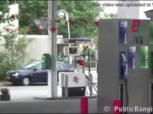 A very pregnant girl gas station public sex threesome